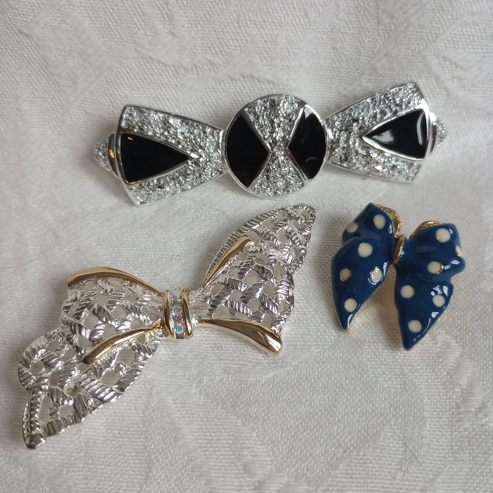 Set Of 3 Bow Brooches, Enamel Polka Dot, Ab Rhinestone, Black, Two Toned